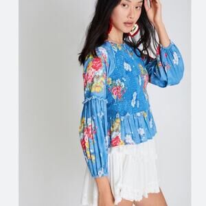 LoveShackFancy Genevive Floral Smocked Castor Top Sz XS